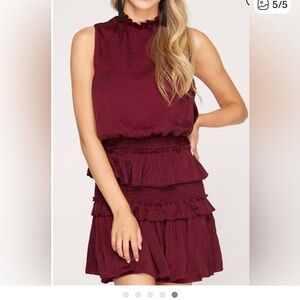 She + Sky Burgundy Ruffled Midi Dress